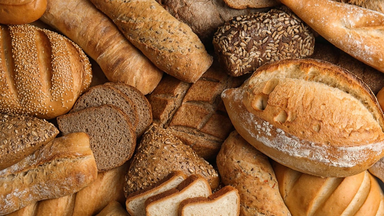 Different kinds of fresh bread as background, top view